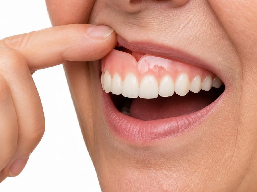A loose upper denture being pressed back into place with a finger.