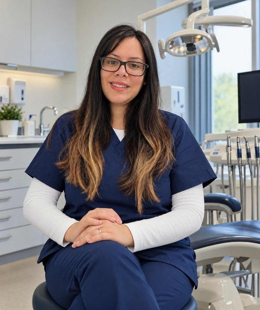 Dr Shouka Reshad, dentist at Happy Dentures, seated in a dental surgery