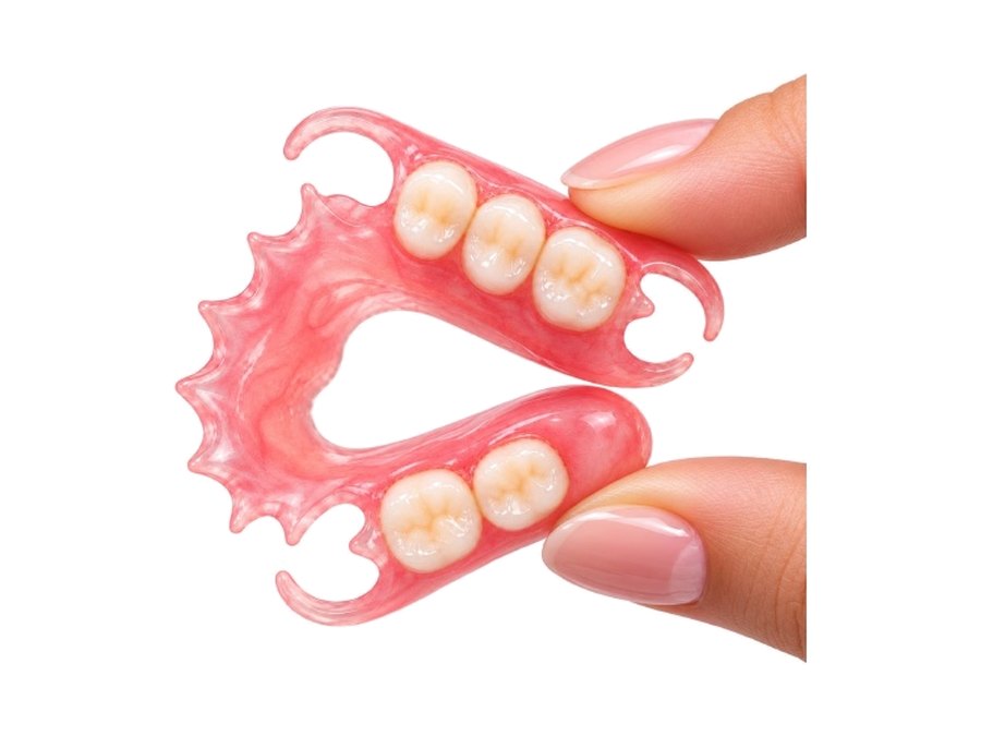 A flexible partial denture in translucent gum-coloured nylon, held between finger and thumb, with soft clasps and no metal anywhere.