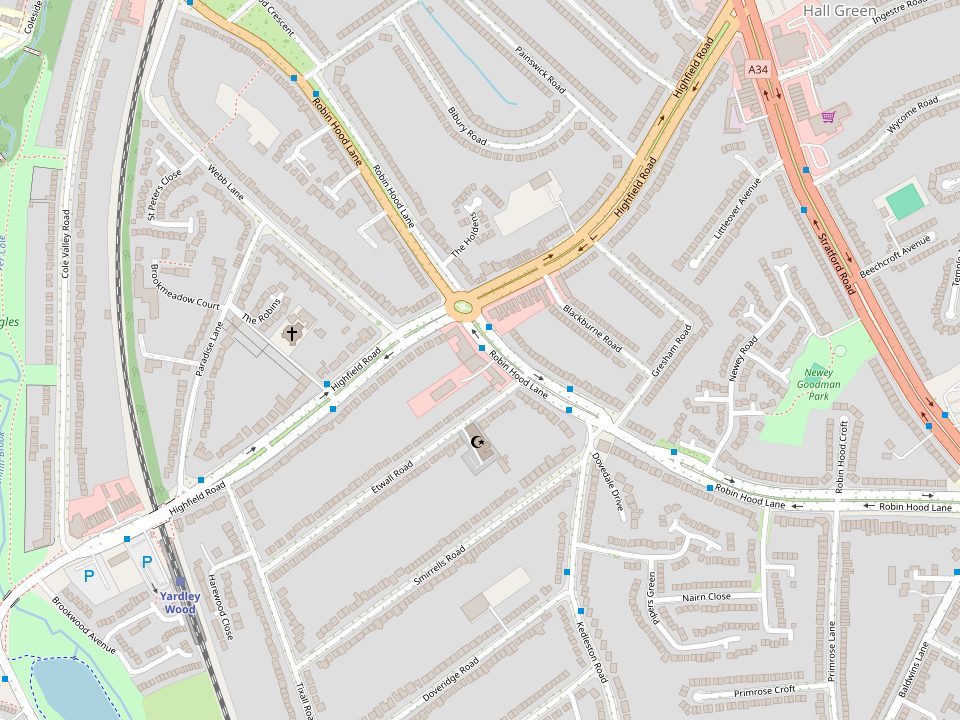 A street map of Hall Green, with our clinic marked on Robin Hood Lane