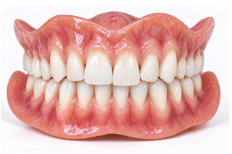 An Aesthetic full denture, with a lifelike gum and layered teeth