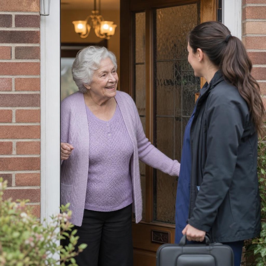 An older woman welcoming a clinician carrying a case at her front door