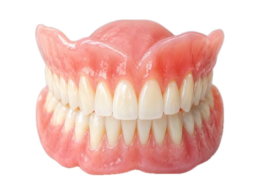 A Signature full denture, upper and lower together: a pink gum with natural shading and a full set of white teeth.