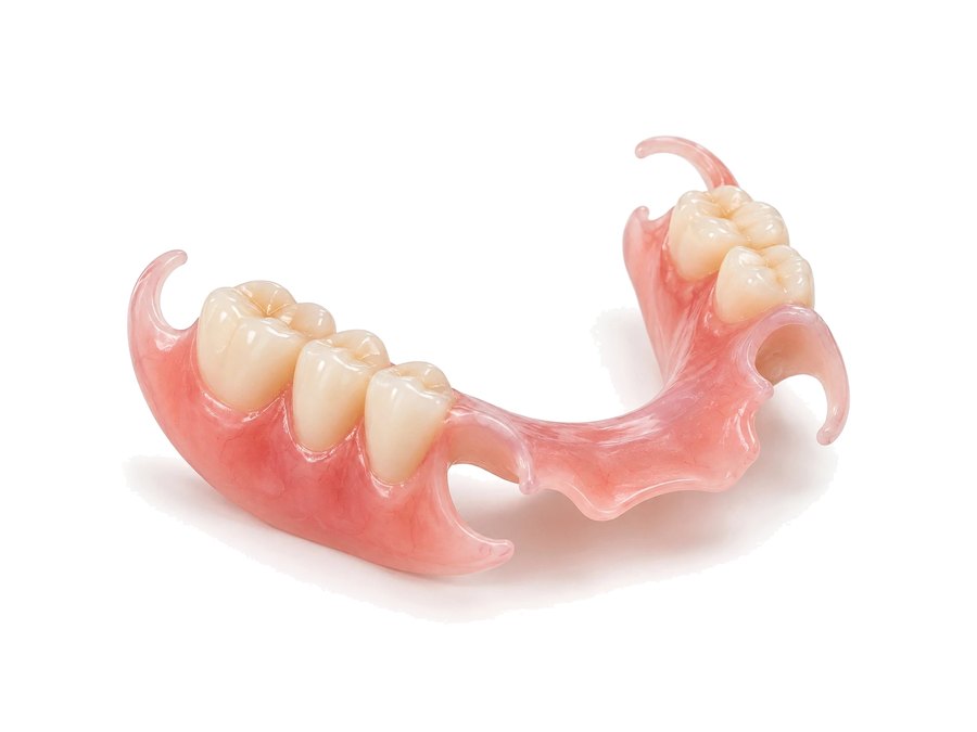 A pink partial denture with five back teeth and gum-coloured clasps.