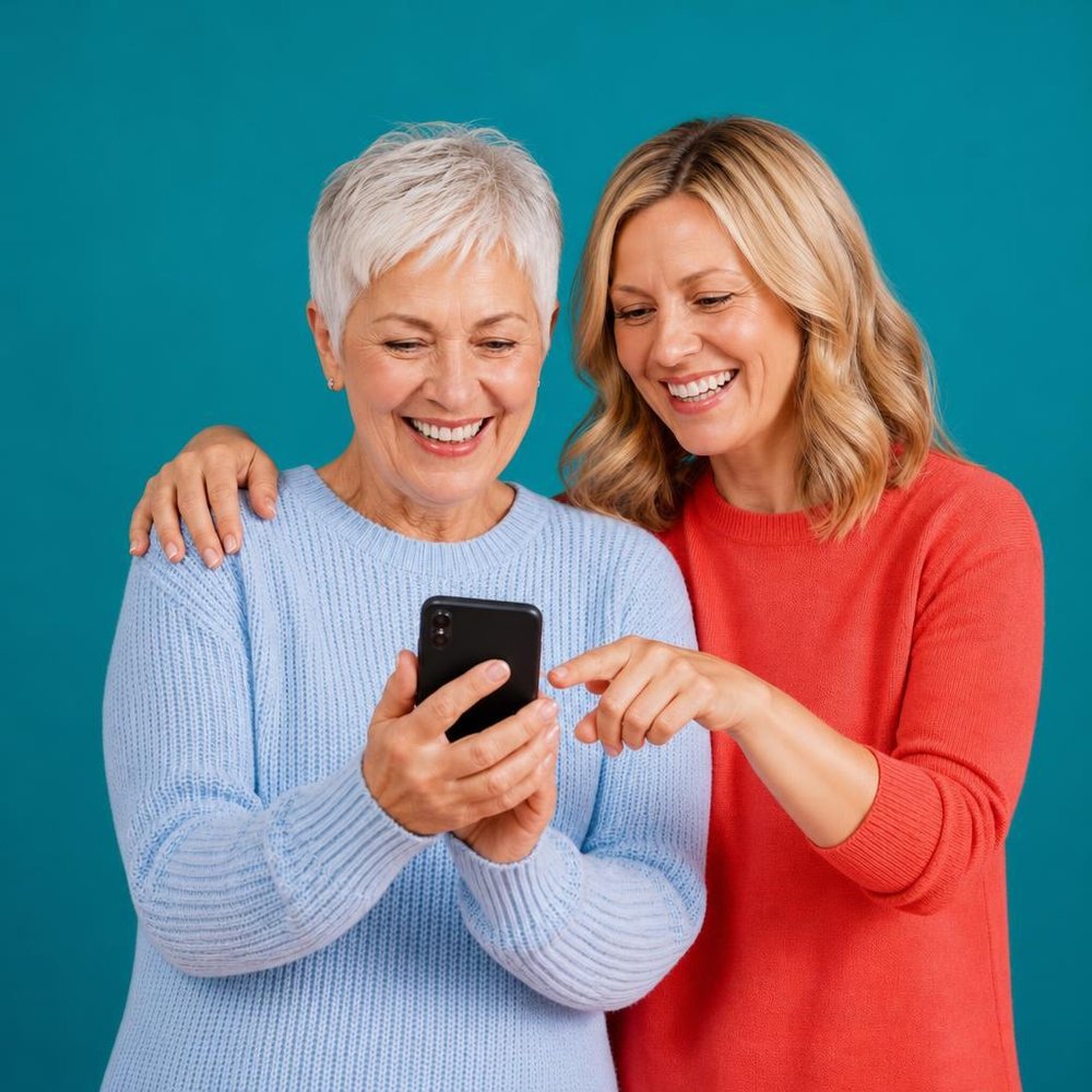 A woman and her mother looking at a phone together, both smiling