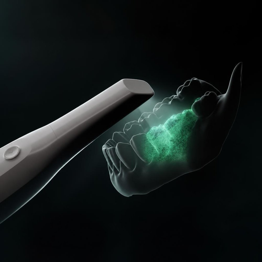 A handheld dental scanner beside a glowing digital scan of teeth