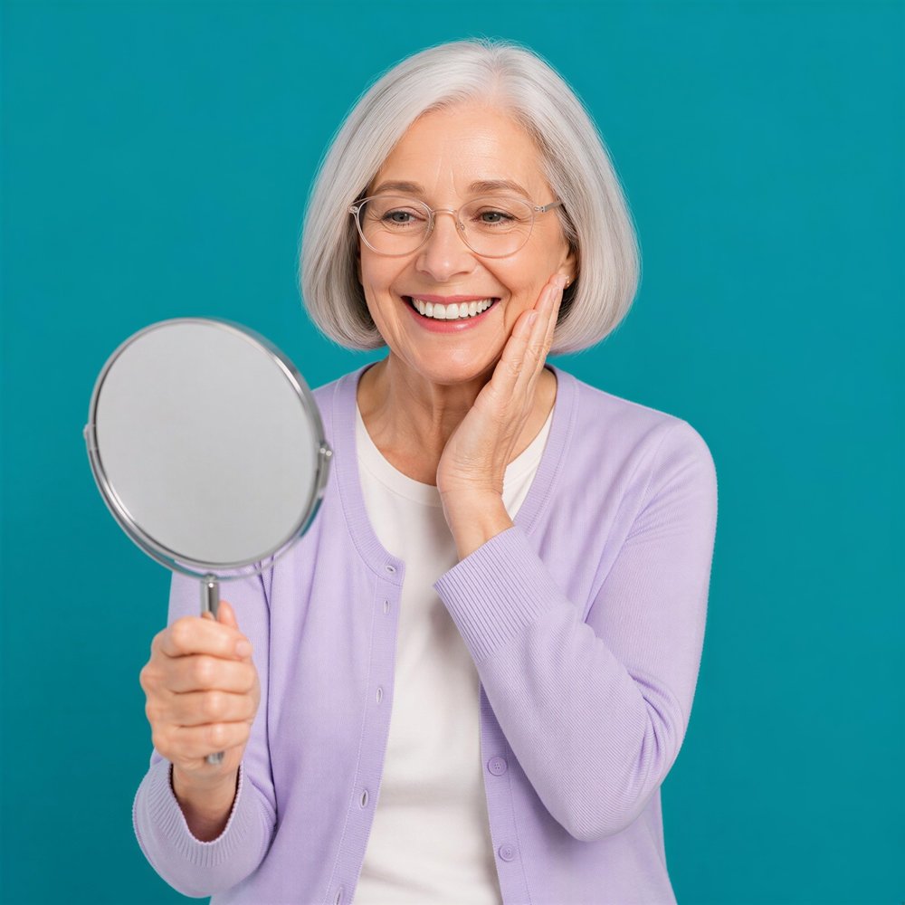 An older woman smiling at her reflection in a hand mirror